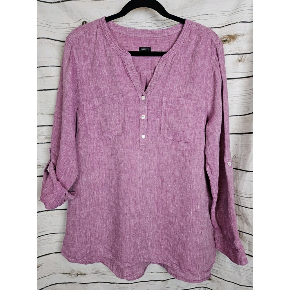 Talbots Pink 100% Linen Popover Tunic Top XL Womens Coastal Roll Sleeves